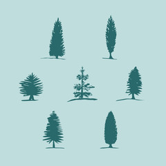 Naklejka na ściany i meble Set of hand drawn sketch blue trees - pine, fir tree, cypress.