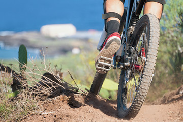 Downhill mountain bike,man cyclist to riding a bicycle.