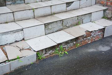 Danger Broken House Steps Outdoor. Damaged Stair Case Need to Repair