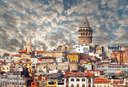 cityscape with Galata Tower over the Golden Horn in Istanbul, Turkey.