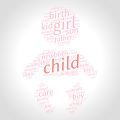 Child. Word cloud, baby silhouette, gradient grey background. Family concept.