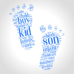 Son. Word cloud, foot, gradient grey background. Family concept.