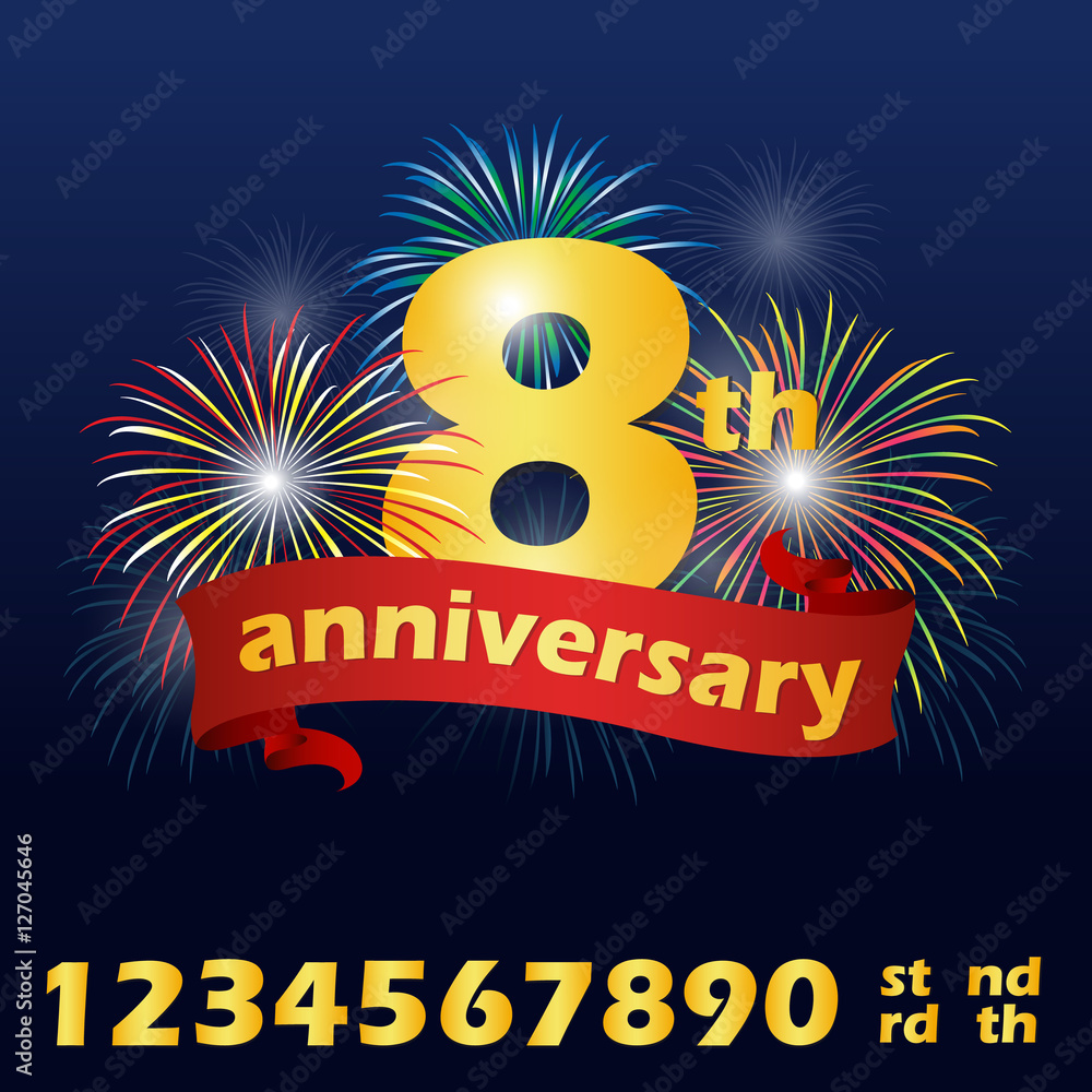 Poster anniversary banner ribbon and number text and firework vector design