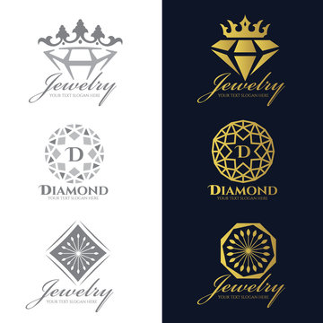 Jewelry logo (Crown Diamond and flower) vector set and isolate on white background vector set design
