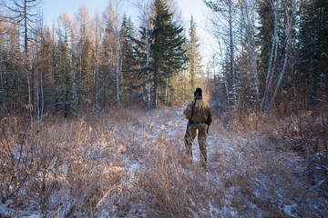 a hunter in the winter woods with a gun in camouflage clothing.