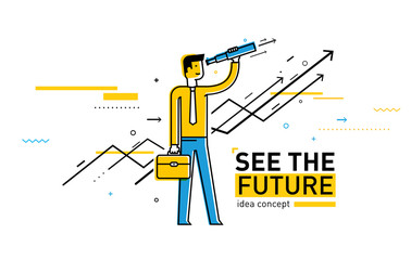 Businessman with telescope looking to the future.