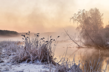 Winter misty morning on the river. Rural foggy and frosty scene.