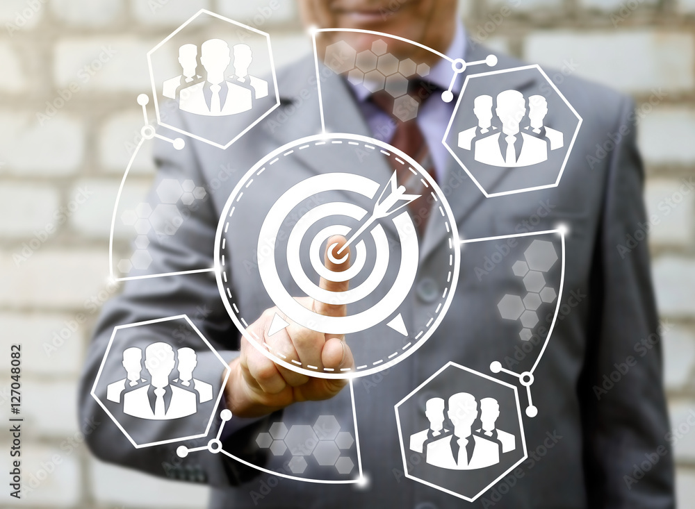 Poster business, technology and internet concept - businessman presses goal button on virtual screen. targe