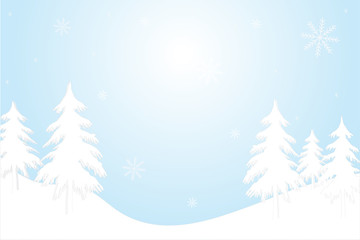 Winter mountain Christmas landscape with fir trees silhouette and snowflakes. Vector