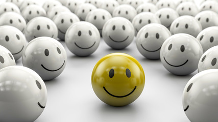 gelber 3D Smiley in Gruppe: Konzept Chef, Boss, Markführer oder Twitter Follower