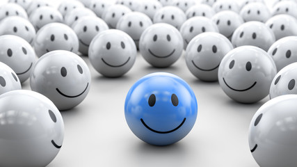 blauer 3D Smiley in Gruppe - Konzept beliebt, erfolgreich, Kreativität. - obrazy, fototapety, plakaty