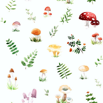 Watercolor pattern with cute and mushrooms leafs in awesome colors. Bright summer concept background in vector.