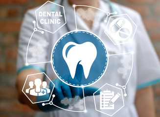 Dental, assurance, healthcare concept - dentist presses tooth icon. Health odontic service,...