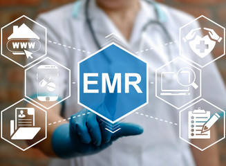 Medicine, information technology, healthcare concept - doctor presses emr acronym word. Electronic...