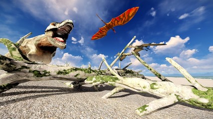 Flying pterodactyl over the land 3d illustration © satori