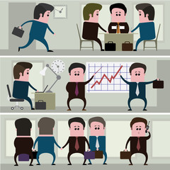vector illustration, consisting of several images depicting the everyday life of a businessman