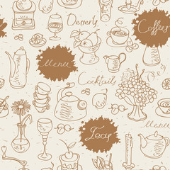 seamless texture background on the topic of tea and coffee with cutlery and kitchenware