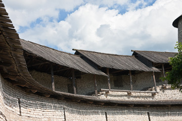 Fortified wall with battlements. Pskov Krom (Kremlin).