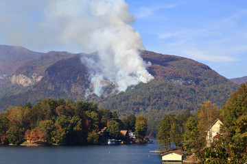 Forest Fire at Lake Lure Chimney Rock area in the fall of 2016 in North Carolina
