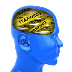 3d illustration of warning tape inside head over white background