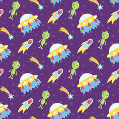 Aliens outer space flying saucer cartoon. Green big head alien, extraterrestrial spaceship, fiery comet, falling stars vector illustration on violet background. For wrapper, greeting card, invitations