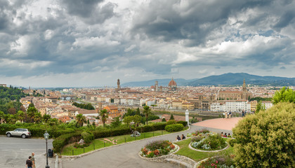 Fototapeta na wymiar Cloudy panoramic view of Florence from viewpoint, Toscana region, Italy.