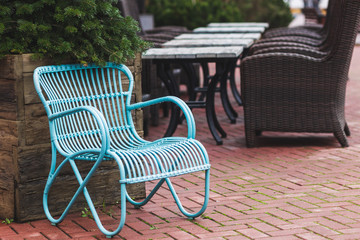 Design vintage furniture of the restaurant outdoor. Blue wicker