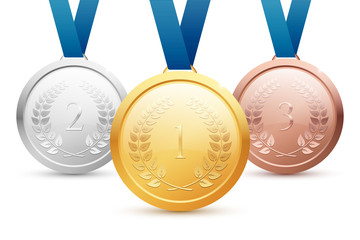 Shiny vector gold, silver and bronze medal set with blue ribbons