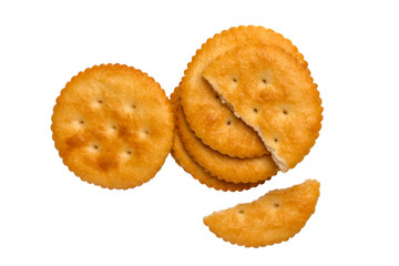 Dry cracker cookies isolated on white background cutout, top view, concept of food