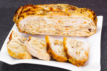 Stuffed chicken with omelette, meat and mushrooms