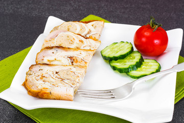 Stuffed chicken with omelette, meat and mushrooms