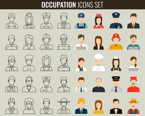 Professions Vector Flat Icons. Outline icons and colorful flat icons.