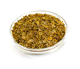 Fennel Seeds in a Glass Bowl on a White