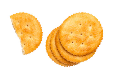 Dry cracker cookies isolated on white background cutout, top view, concept of food