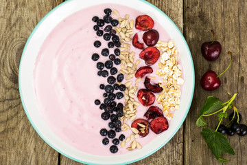 Smoothie with Blueberries, Chia Seeds on Brown Boards