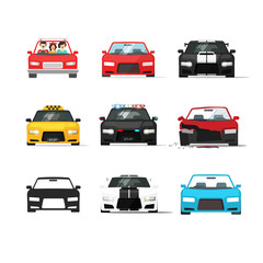 Fototapeta premium Cars icons set vector illustration isolated on white background, black auto collection front view, flat style vehicles, sport, taxi, police automobile, tuned and broken car