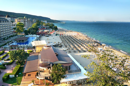 Resort Sunny Beach Bulgaria panorama of the beach and hotels. Panoramic view Sunny Beach Bulgaria.