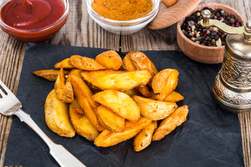 Potato Wedges, Potatoes in a Rural with Tomato Ketchup
