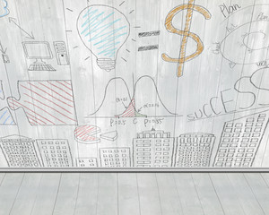 Business concept doodles on gray wooden wall