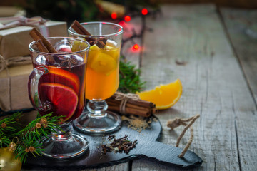 Mulled wine and apple cider in glass cups