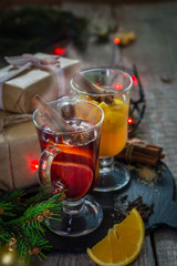 Mulled wine and apple cider in glass cups