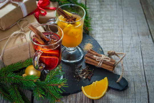 Mulled wine and apple cider in glass cups
