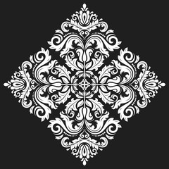 Oriental vector black and white square pattern with arabesques and floral elements. Traditional classic ornament