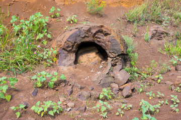 Broken stone formation resembling a dinosaur egg with prodellanym hole found near the village of Wet Olhovka Kotovo District, Volgograd Region, Russia