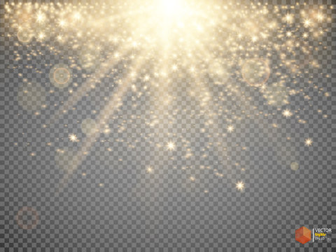 Abstract Light Overlay Effect on Transparent Background. Vector Illustration. Bokeh and Sparkles. Golden Sun Rays