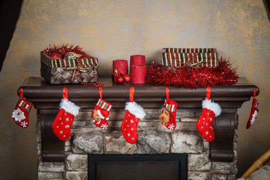 Christmas Red Stocking Hanging From A Mantel Or Fireplace, Decor