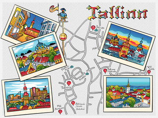 Color Travel book with the most popular types of the Medieval Old Town in sketch style, Tallinn, Estonia