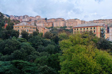 Fototapeta na wymiar Building of Genoa, Italy, over the trees of the city in autumn.