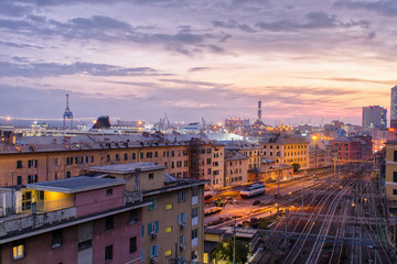 An intimate and at the same time grand view of the city of Genoa, Italy, during the blue hour in the evening