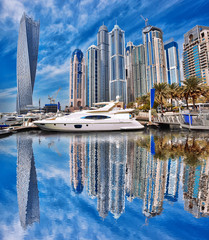 Dubai Marina with boats in Dubai, United Arab Emirates, Middle East
